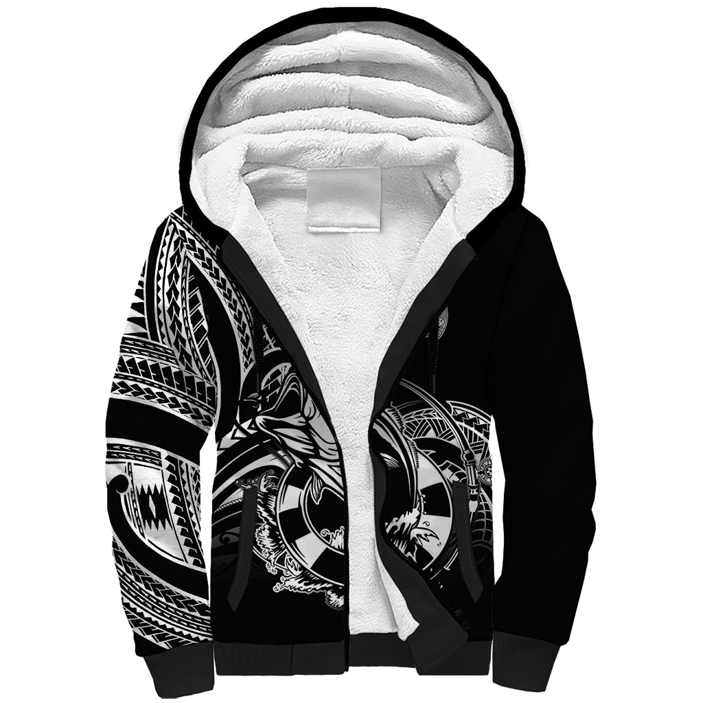 Personalised Polynesia Sherpa Hoodie Fish Hook Tattoo Go Fishing Polynesian Pattern Black - Wonder Print Shop