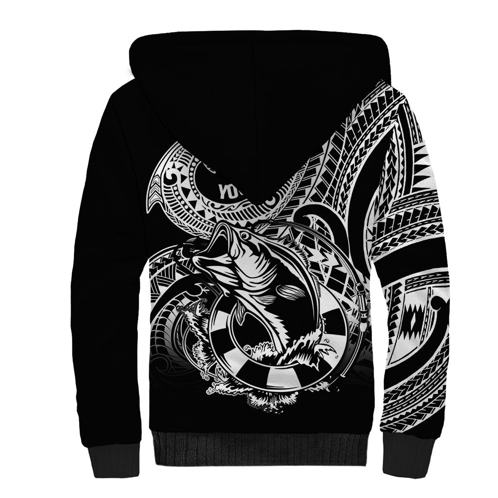 Personalised Polynesia Sherpa Hoodie Fish Hook Tattoo Go Fishing Polynesian Pattern Black - Wonder Print Shop
