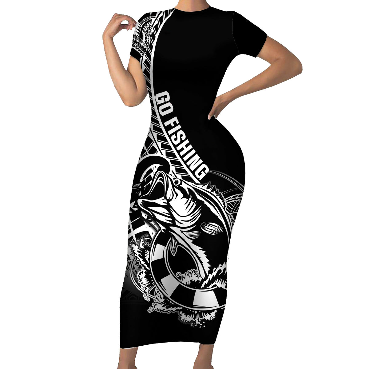 Personalised Polynesia Short Sleeve Bodycon Dress Fish Hook Tattoo Go Fishing Polynesian Pattern Black - Wonder Print Shop