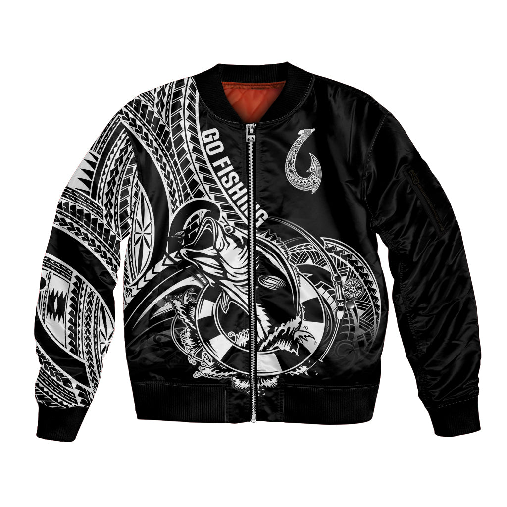 Personalised Polynesia Sleeve Zip Bomber Jacket Fish Hook Tattoo Go Fishing Polynesian Pattern Black - Wonder Print Shop