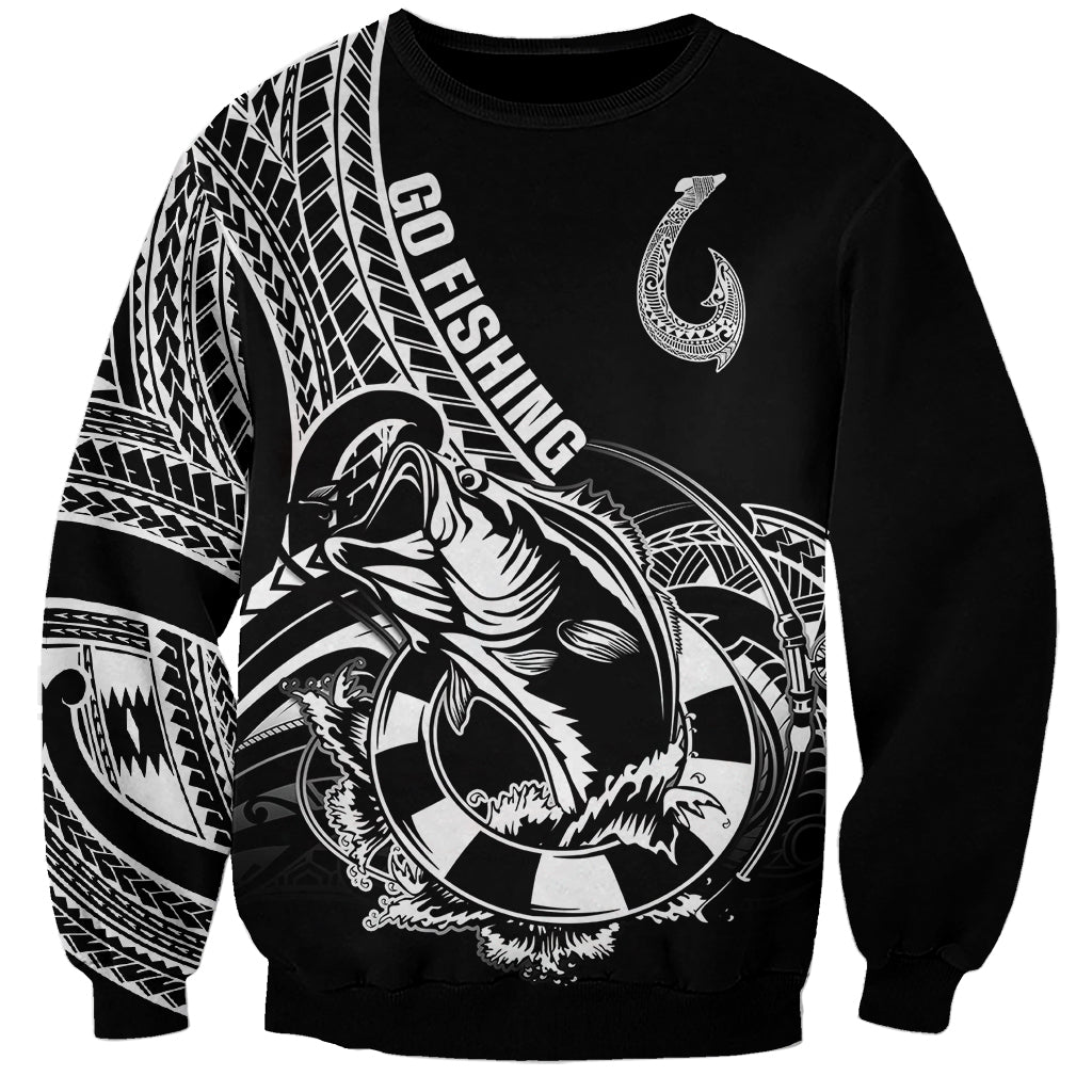 Personalised Polynesia Sweatshirt Fish Hook Tattoo Go Fishing Polynesian Pattern Black - Wonder Print Shop