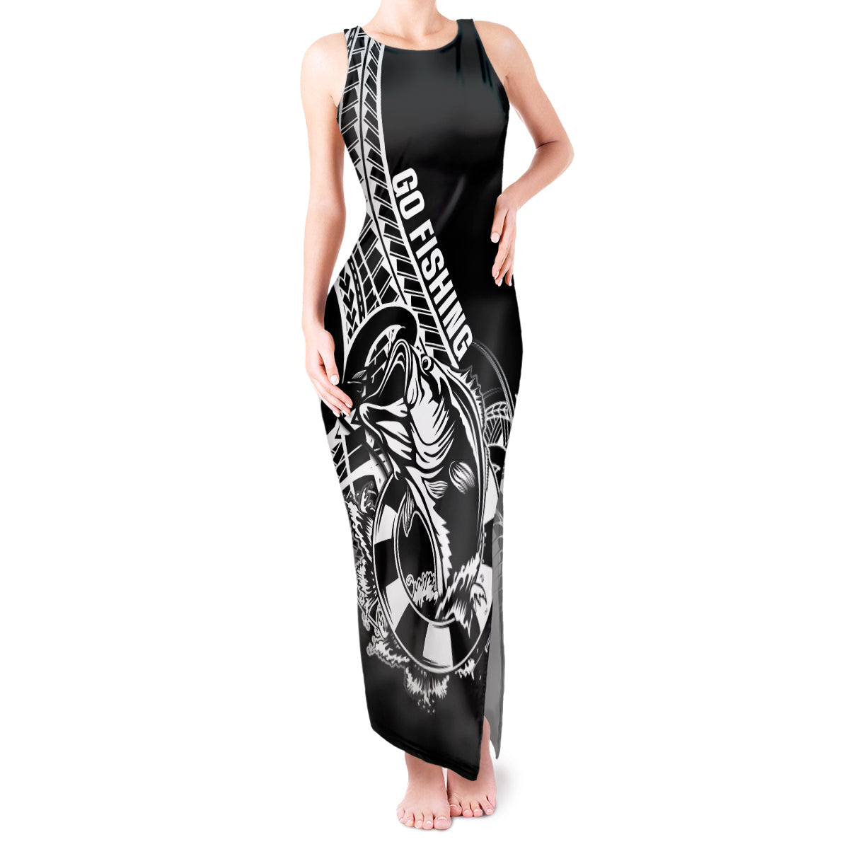 Personalised Polynesia Tank Maxi Dress Fish Hook Tattoo Go Fishing Polynesian Pattern Black - Wonder Print Shop