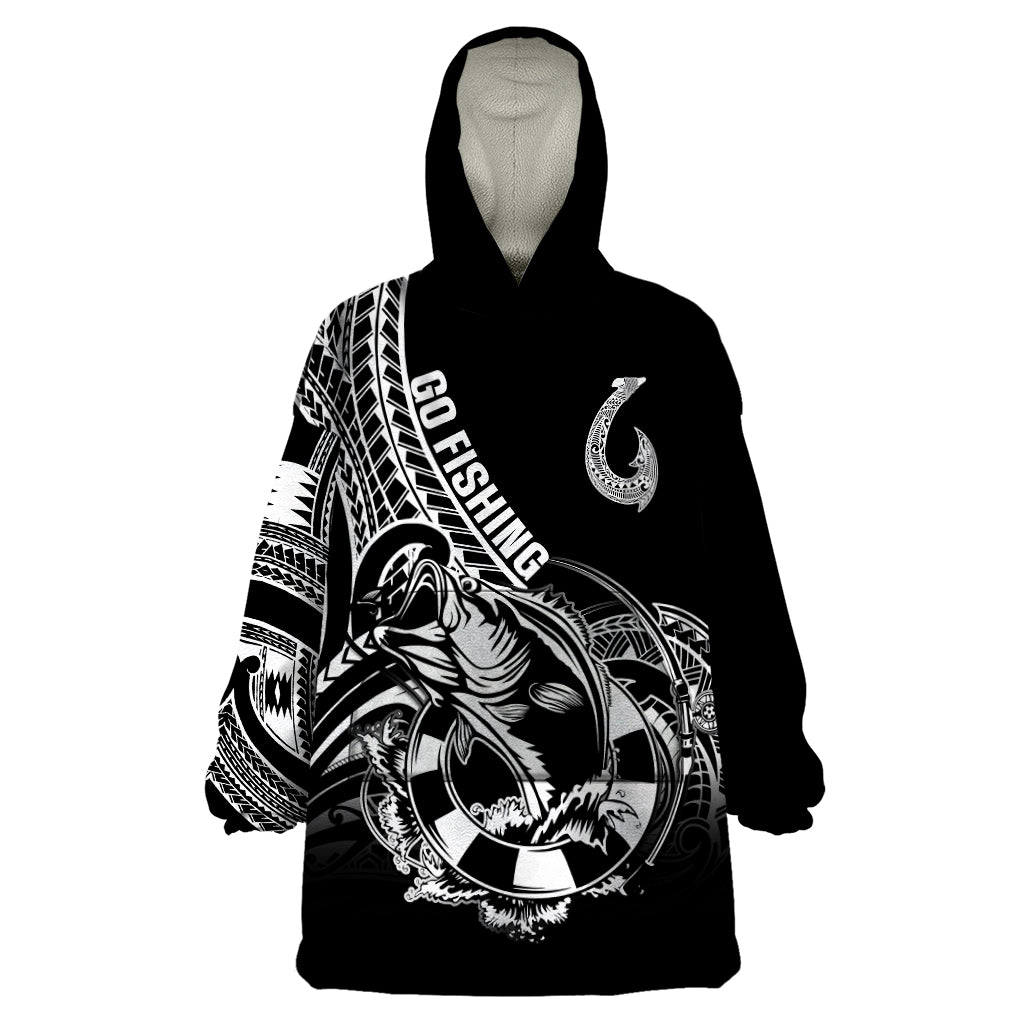 Personalised Polynesia Wearable Blanket Hoodie Fish Hook Tattoo Go Fishing Polynesian Pattern Black - Wonder Print Shop