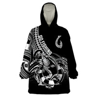 Personalised Polynesia Wearable Blanket Hoodie Fish Hook Tattoo Go Fishing Polynesian Pattern Black - Wonder Print Shop