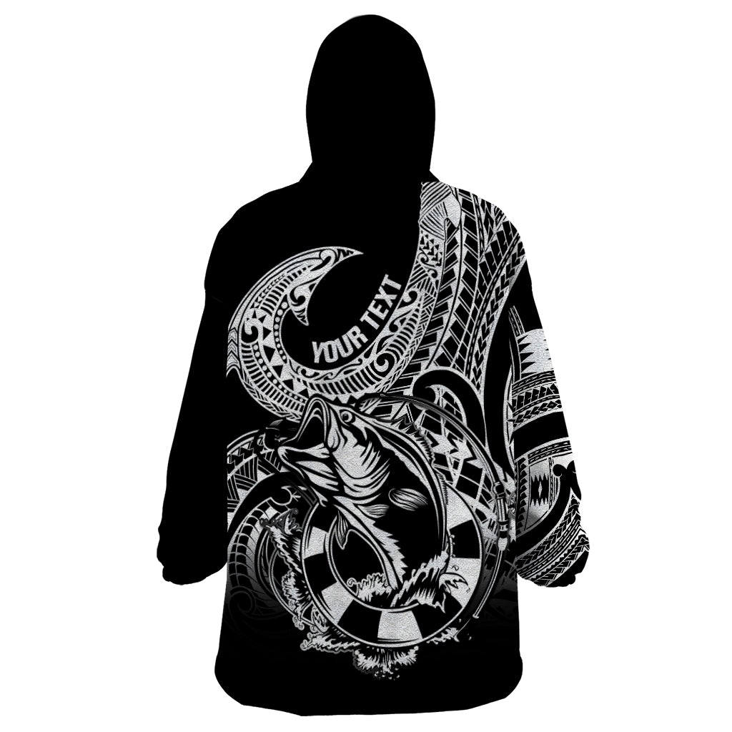 Personalised Polynesia Wearable Blanket Hoodie Fish Hook Tattoo Go Fishing Polynesian Pattern Black - Wonder Print Shop