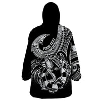 Personalised Polynesia Wearable Blanket Hoodie Fish Hook Tattoo Go Fishing Polynesian Pattern Black - Wonder Print Shop
