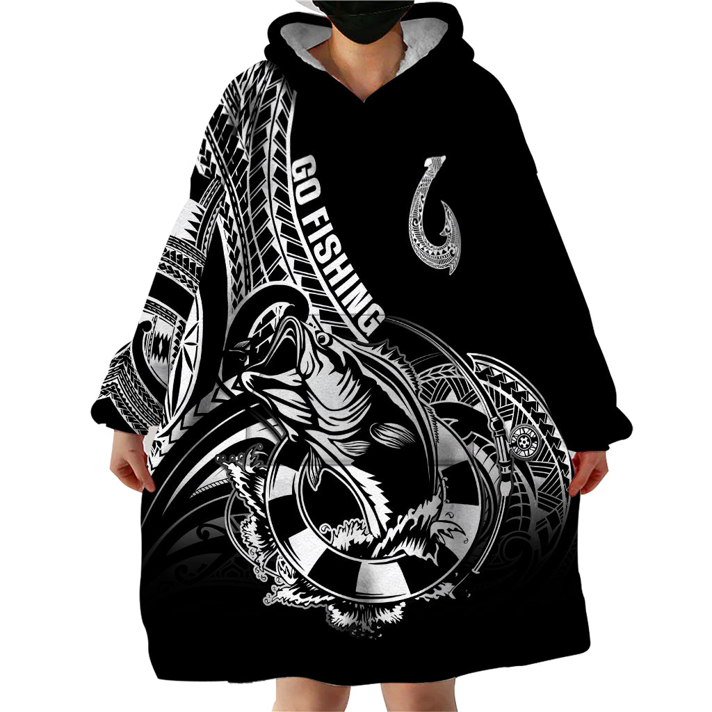 Personalised Polynesia Wearable Blanket Hoodie Fish Hook Tattoo Go Fishing Polynesian Pattern Black - Wonder Print Shop