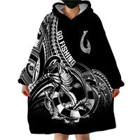 Personalised Polynesia Wearable Blanket Hoodie Fish Hook Tattoo Go Fishing Polynesian Pattern Black - Wonder Print Shop