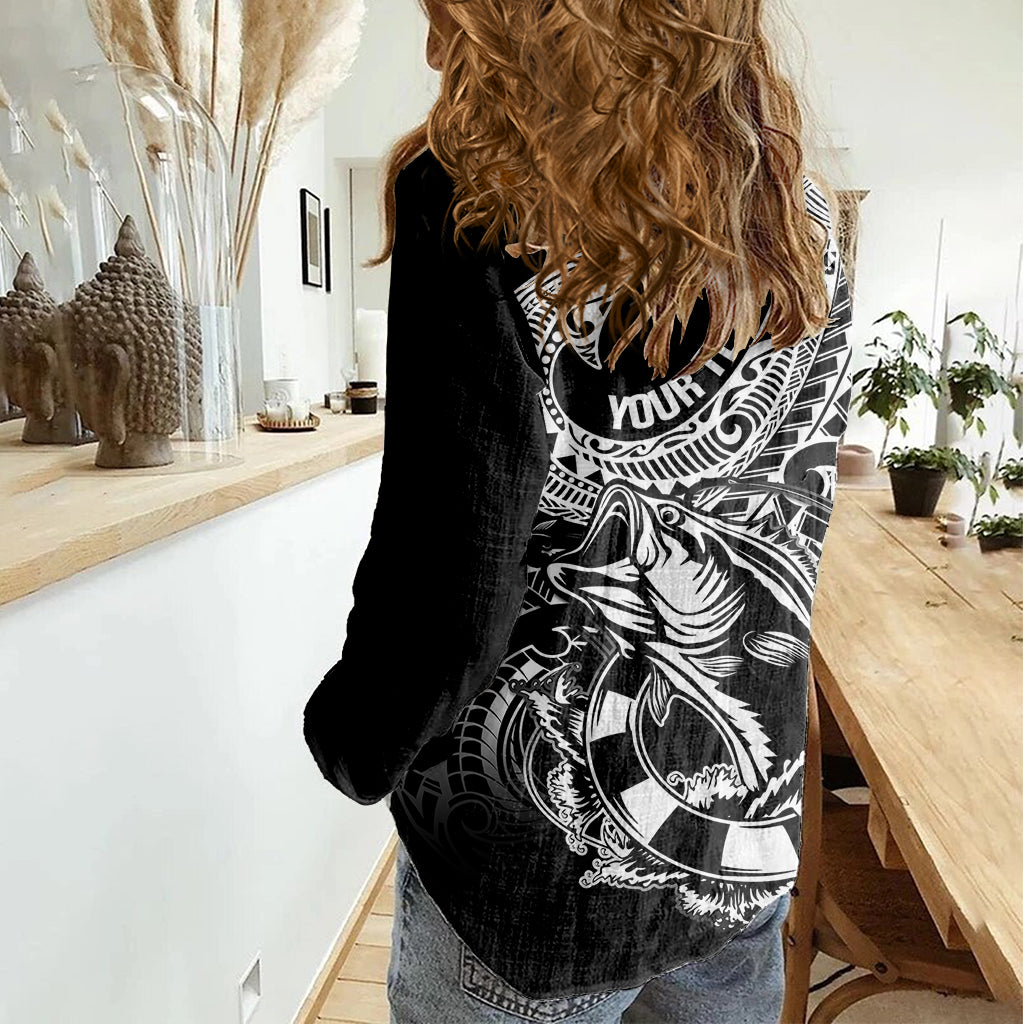 Personalised Polynesia Women Casual Shirt Fish Hook Tattoo Go Fishing Polynesian Pattern Black - Wonder Print Shop