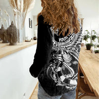 Personalised Polynesia Women Casual Shirt Fish Hook Tattoo Go Fishing Polynesian Pattern Black - Wonder Print Shop