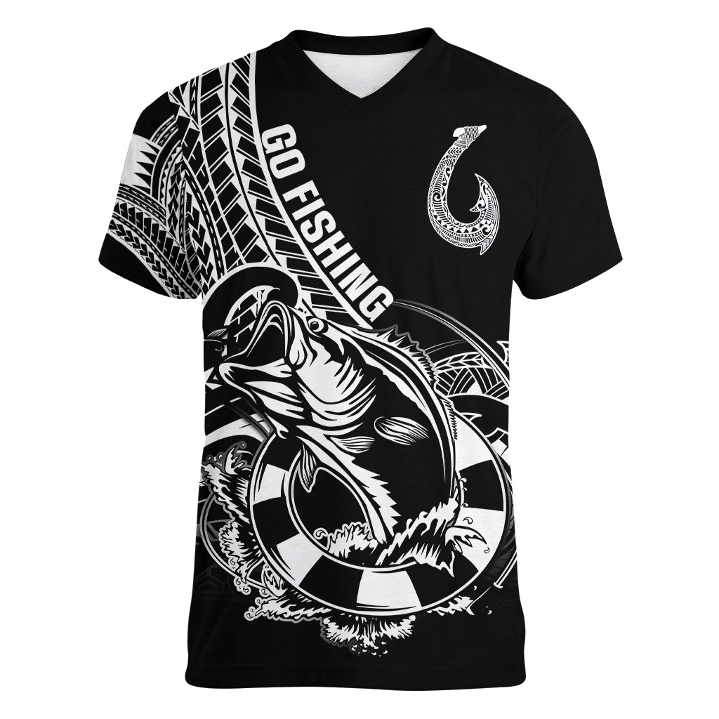Personalised Polynesia Women V Neck T Shirt Fish Hook Tattoo Go Fishing Polynesian Pattern Black - Wonder Print Shop