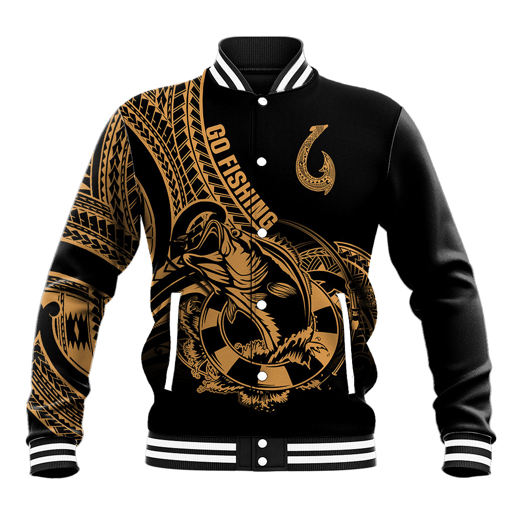 Polynesia Baseball Jacket Fish Hook Tattoo Go Fishing Polynesian Pattern Gold - Wonder Print Shop