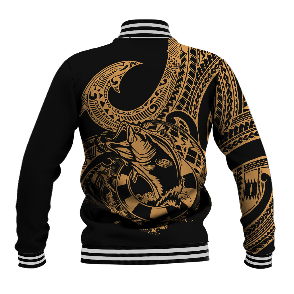 Polynesia Baseball Jacket Fish Hook Tattoo Go Fishing Polynesian Pattern Gold - Wonder Print Shop