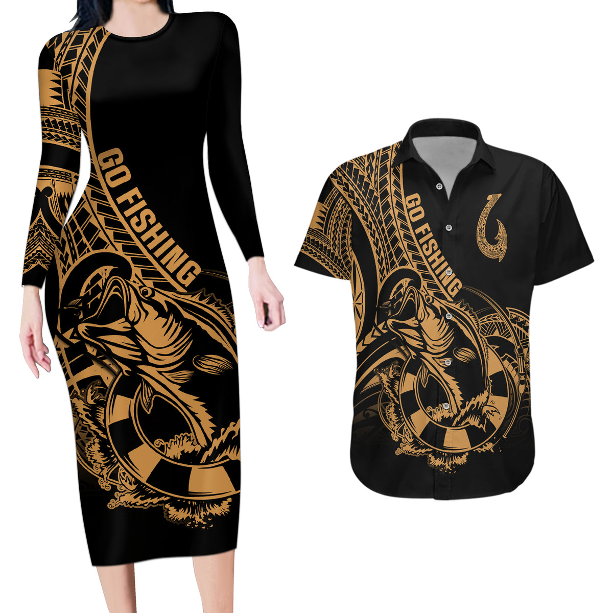 Polynesia Couples Matching Long Sleeve Bodycon Dress and Hawaiian Shirt Fish Hook Tattoo Go Fishing Polynesian Pattern Gold - Wonder Print Shop
