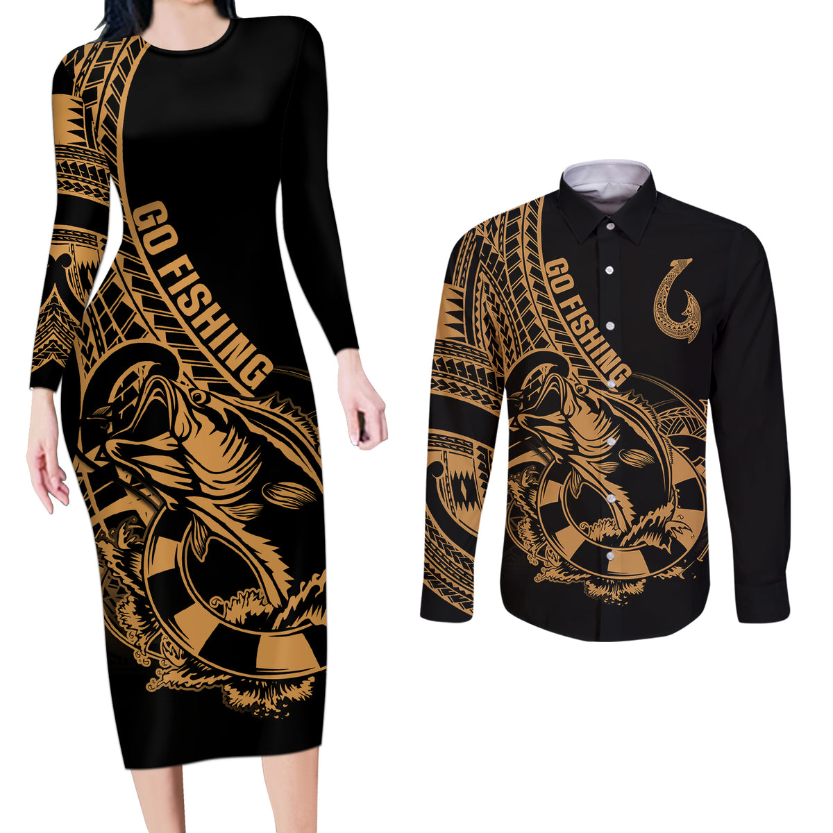 Polynesia Couples Matching Long Sleeve Bodycon Dress and Long Sleeve Button Shirts Fish Hook Tattoo Go Fishing Polynesian Pattern Gold - Wonder Print Shop