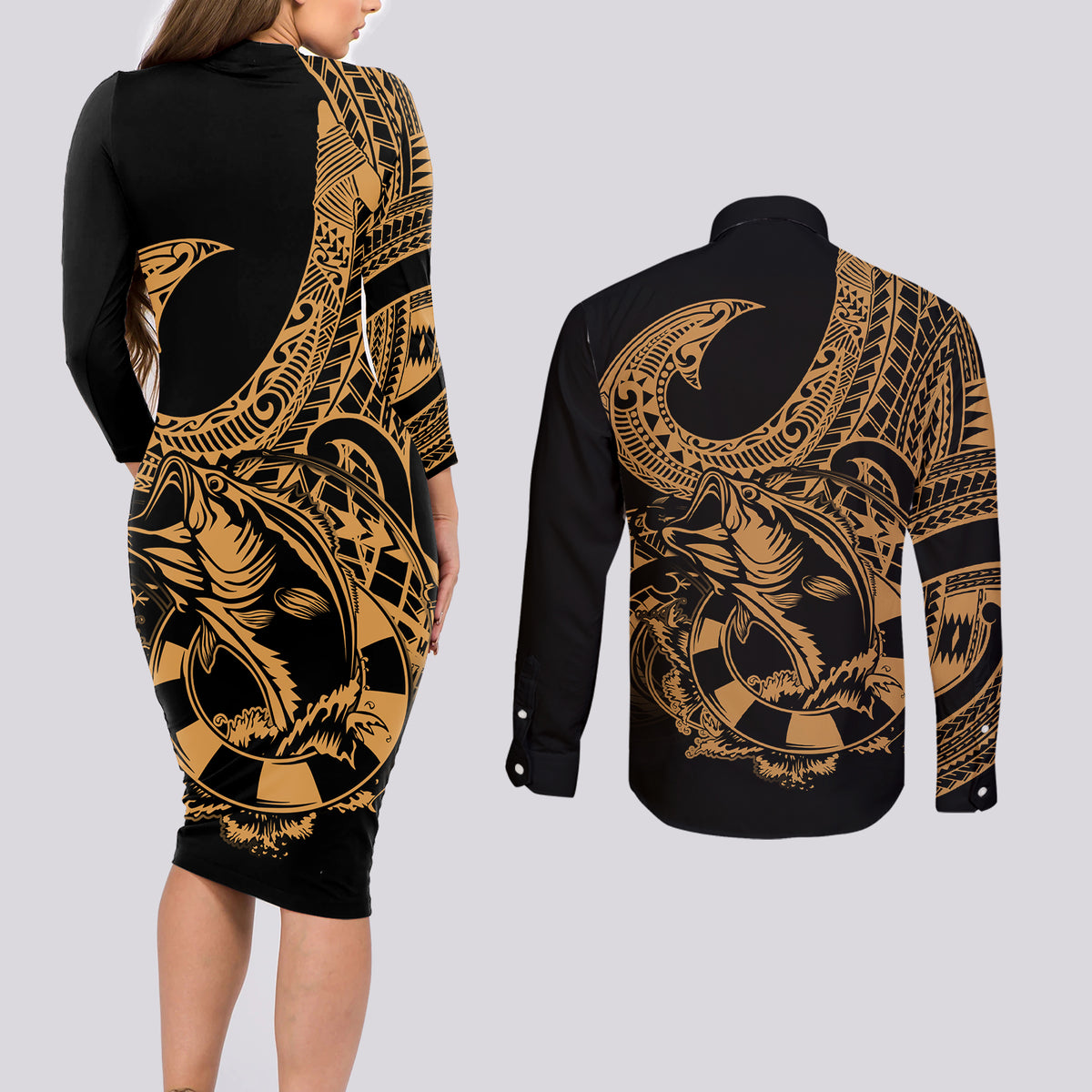Polynesia Couples Matching Long Sleeve Bodycon Dress and Long Sleeve Button Shirts Fish Hook Tattoo Go Fishing Polynesian Pattern Gold - Wonder Print Shop