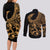 Polynesia Couples Matching Long Sleeve Bodycon Dress and Long Sleeve Button Shirts Fish Hook Tattoo Go Fishing Polynesian Pattern Gold - Wonder Print Shop