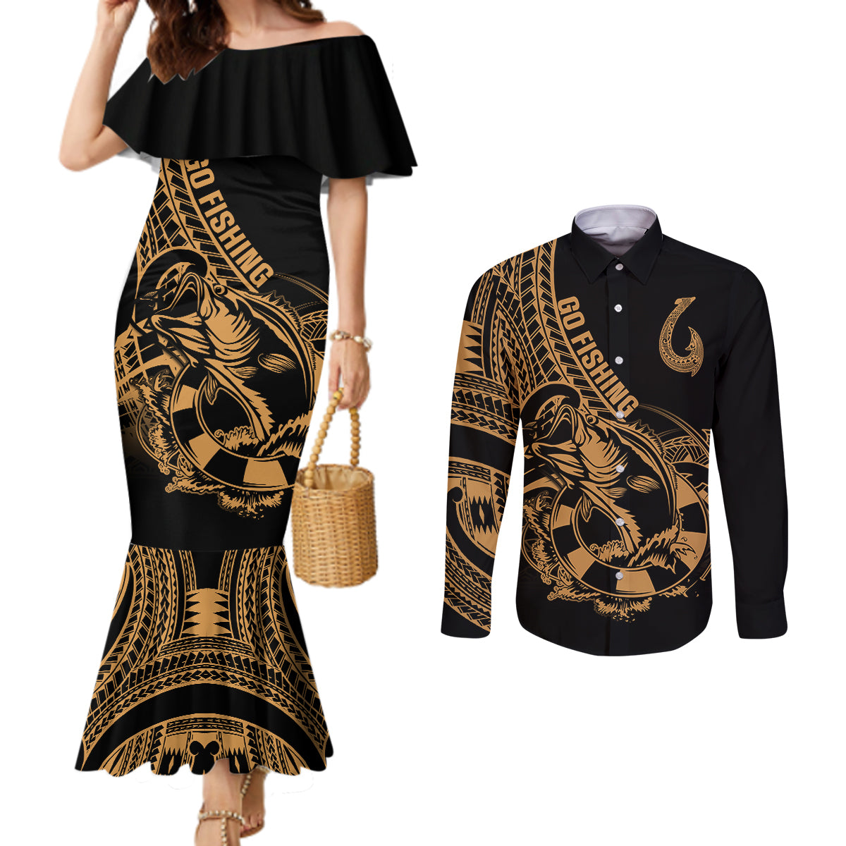 polynesia-couples-matching-mermaid-dress-and-long-sleeve-button-shirts-fish-hook-tattoo-go-fishing-polynesian-pattern-gold
