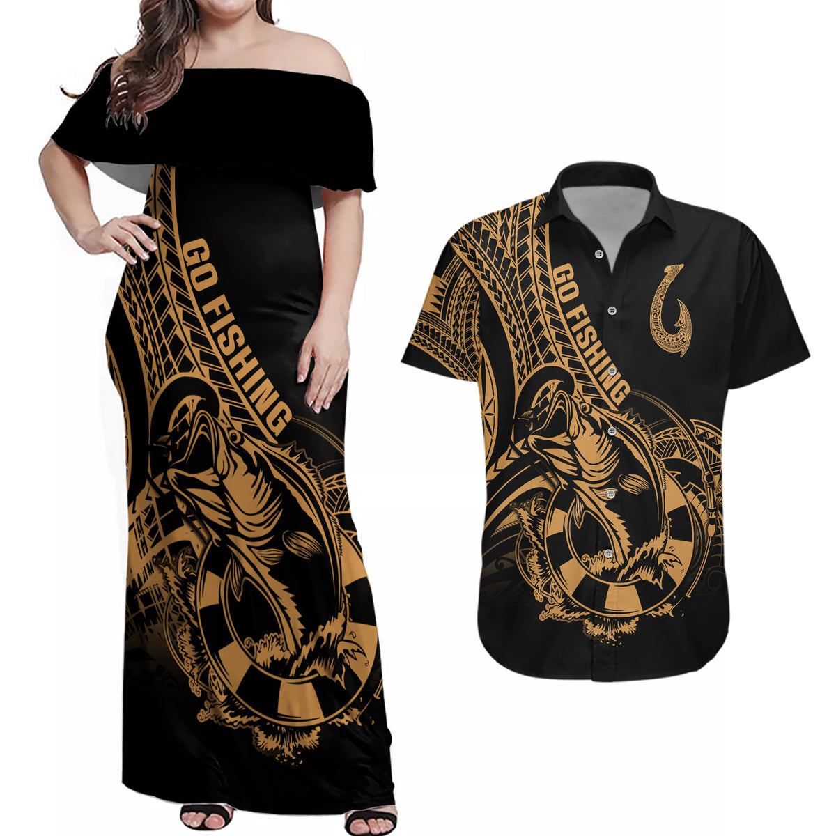 Polynesia Couples Matching Off Shoulder Maxi Dress and Hawaiian Shirt Fish Hook Tattoo Go Fishing Polynesian Pattern Gold - Wonder Print Shop