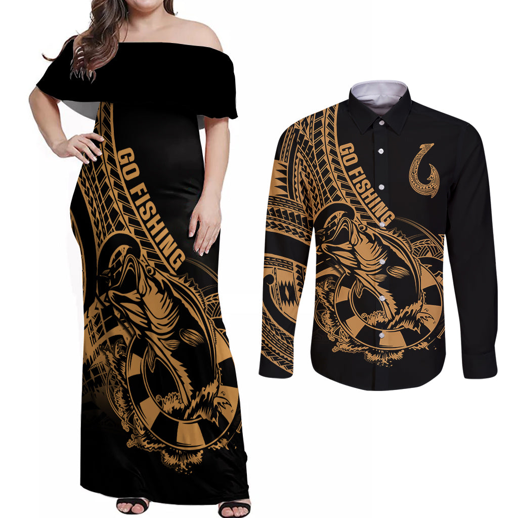 Polynesia Couples Matching Off Shoulder Maxi Dress and Long Sleeve Button Shirts Fish Hook Tattoo Go Fishing Polynesian Pattern Gold - Wonder Print Shop