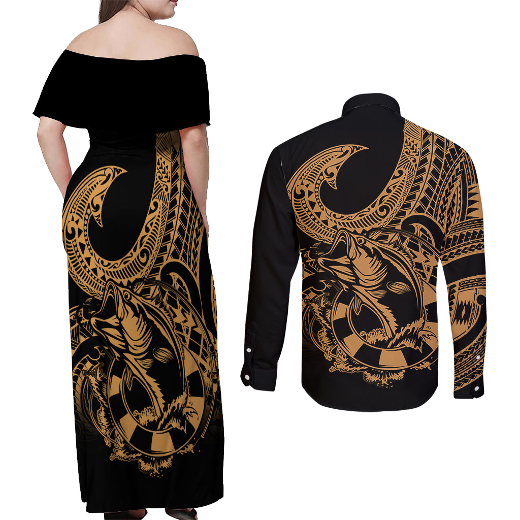 Polynesia Couples Matching Off Shoulder Maxi Dress and Long Sleeve Button Shirts Fish Hook Tattoo Go Fishing Polynesian Pattern Gold - Wonder Print Shop