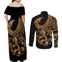 Polynesia Couples Matching Off Shoulder Maxi Dress and Long Sleeve Button Shirts Fish Hook Tattoo Go Fishing Polynesian Pattern Gold - Wonder Print Shop