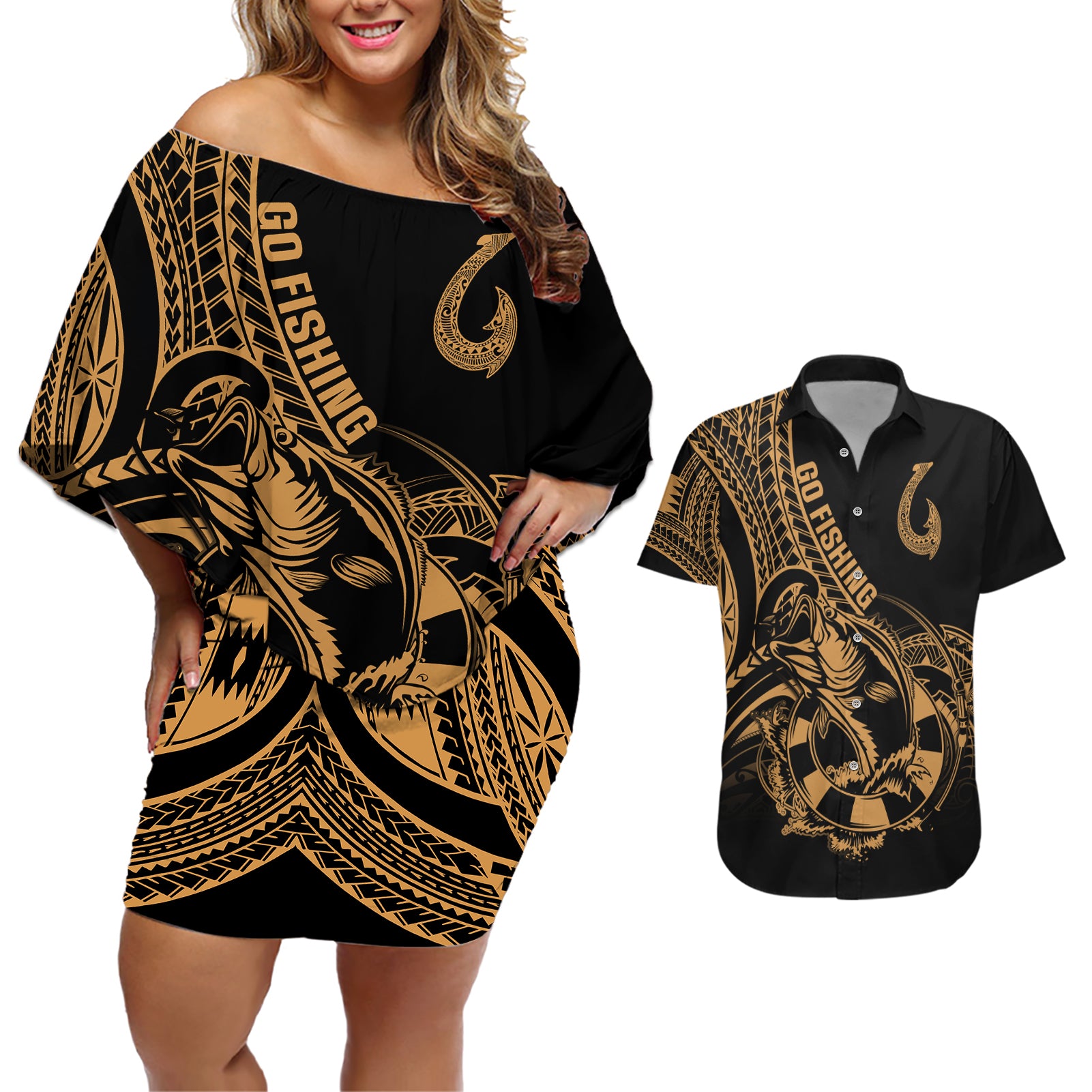 Polynesia Couples Matching Off Shoulder Short Dress and Hawaiian Shirt Fish Hook Tattoo Go Fishing Polynesian Pattern Gold - Wonder Print Shop