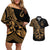Polynesia Couples Matching Off Shoulder Short Dress and Hawaiian Shirt Fish Hook Tattoo Go Fishing Polynesian Pattern Gold - Wonder Print Shop