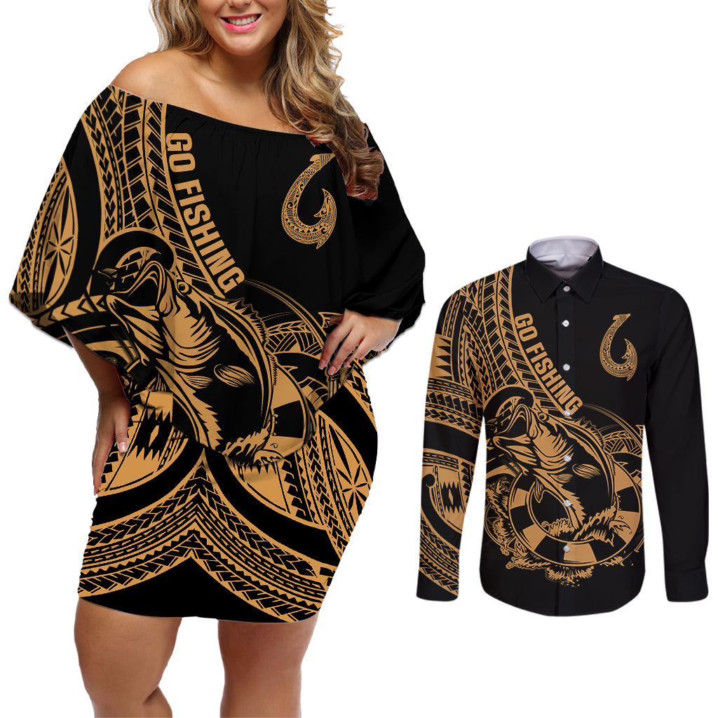 Polynesia Couples Matching Off Shoulder Short Dress and Long Sleeve Button Shirts Fish Hook Tattoo Go Fishing Polynesian Pattern Gold - Wonder Print Shop