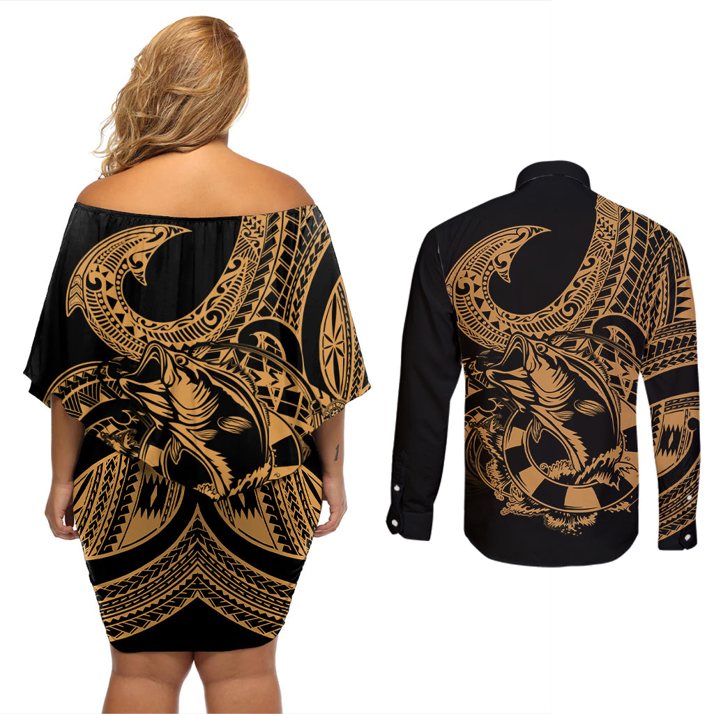 Polynesia Couples Matching Off Shoulder Short Dress and Long Sleeve Button Shirts Fish Hook Tattoo Go Fishing Polynesian Pattern Gold - Wonder Print Shop