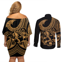 Polynesia Couples Matching Off Shoulder Short Dress and Long Sleeve Button Shirts Fish Hook Tattoo Go Fishing Polynesian Pattern Gold - Wonder Print Shop