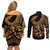 Polynesia Couples Matching Off Shoulder Short Dress and Long Sleeve Button Shirts Fish Hook Tattoo Go Fishing Polynesian Pattern Gold - Wonder Print Shop