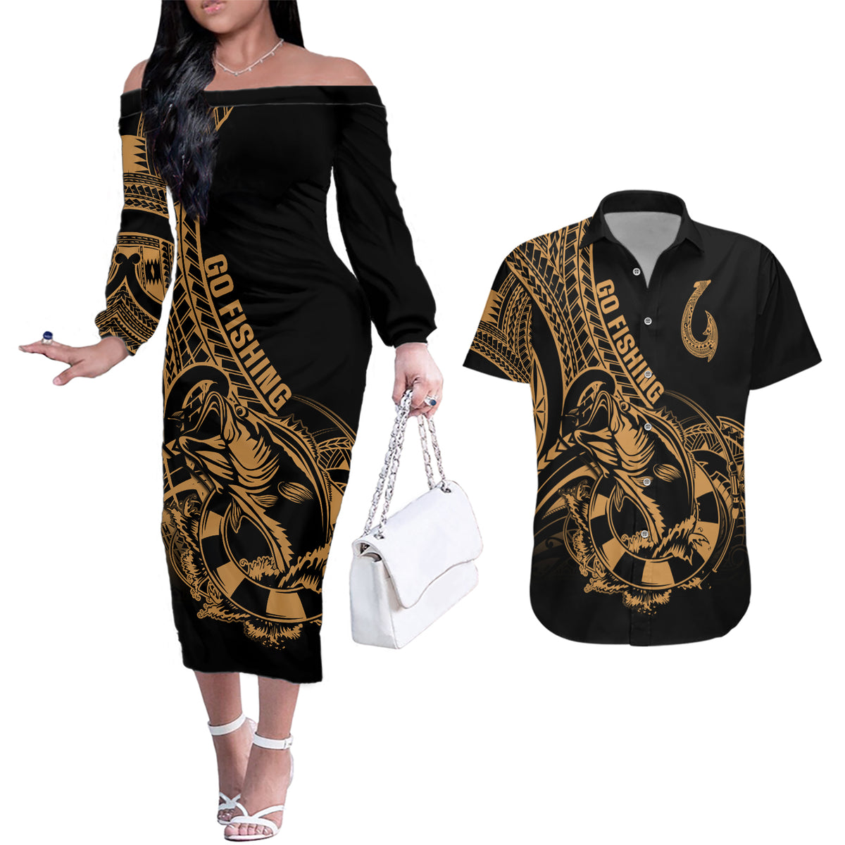 Polynesia Couples Matching Off The Shoulder Long Sleeve Dress and Hawaiian Shirt Fish Hook Tattoo Go Fishing Polynesian Pattern Gold - Wonder Print Shop