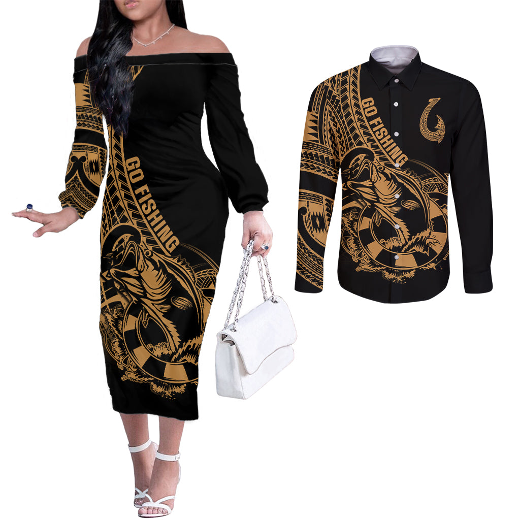 polynesia-couples-matching-off-the-shoulder-long-sleeve-dress-and-long-sleeve-button-shirts-fish-hook-tattoo-go-fishing-polynesian-pattern-gold