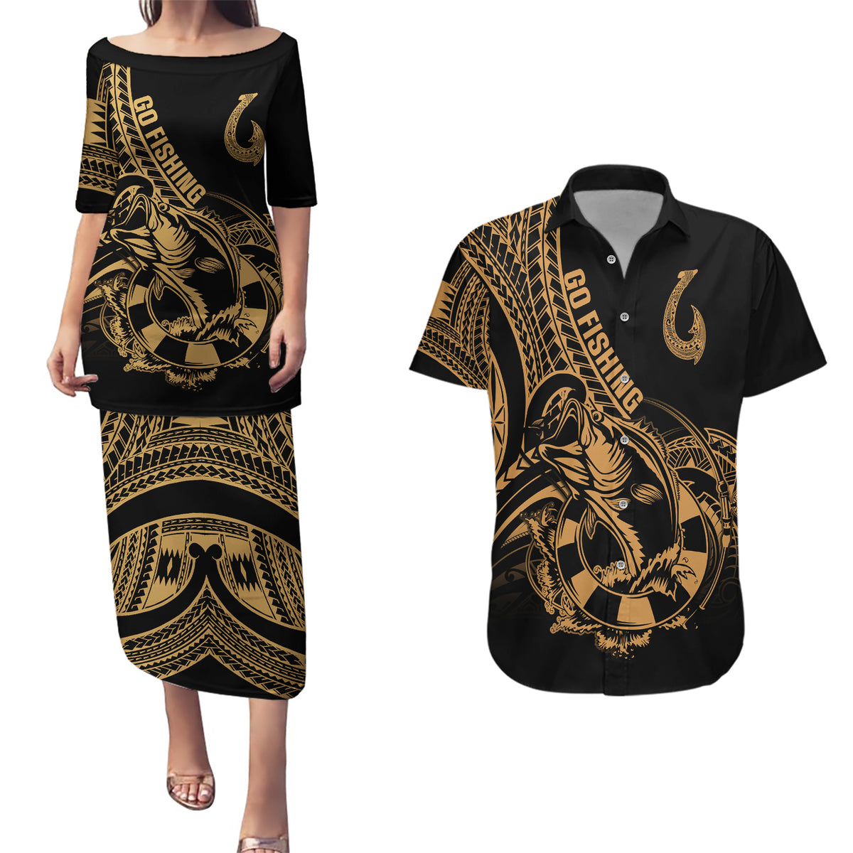 Polynesia Couples Matching Puletasi Dress and Hawaiian Shirt Fish Hook Tattoo Go Fishing Polynesian Pattern Gold - Wonder Print Shop