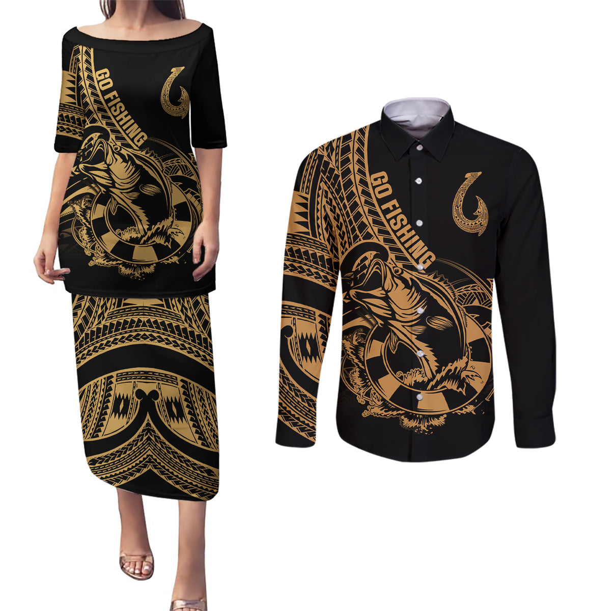Polynesia Couples Matching Puletasi Dress and Long Sleeve Button Shirts Fish Hook Tattoo Go Fishing Polynesian Pattern Gold - Wonder Print Shop