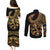 Polynesia Couples Matching Puletasi Dress and Long Sleeve Button Shirts Fish Hook Tattoo Go Fishing Polynesian Pattern Gold - Wonder Print Shop
