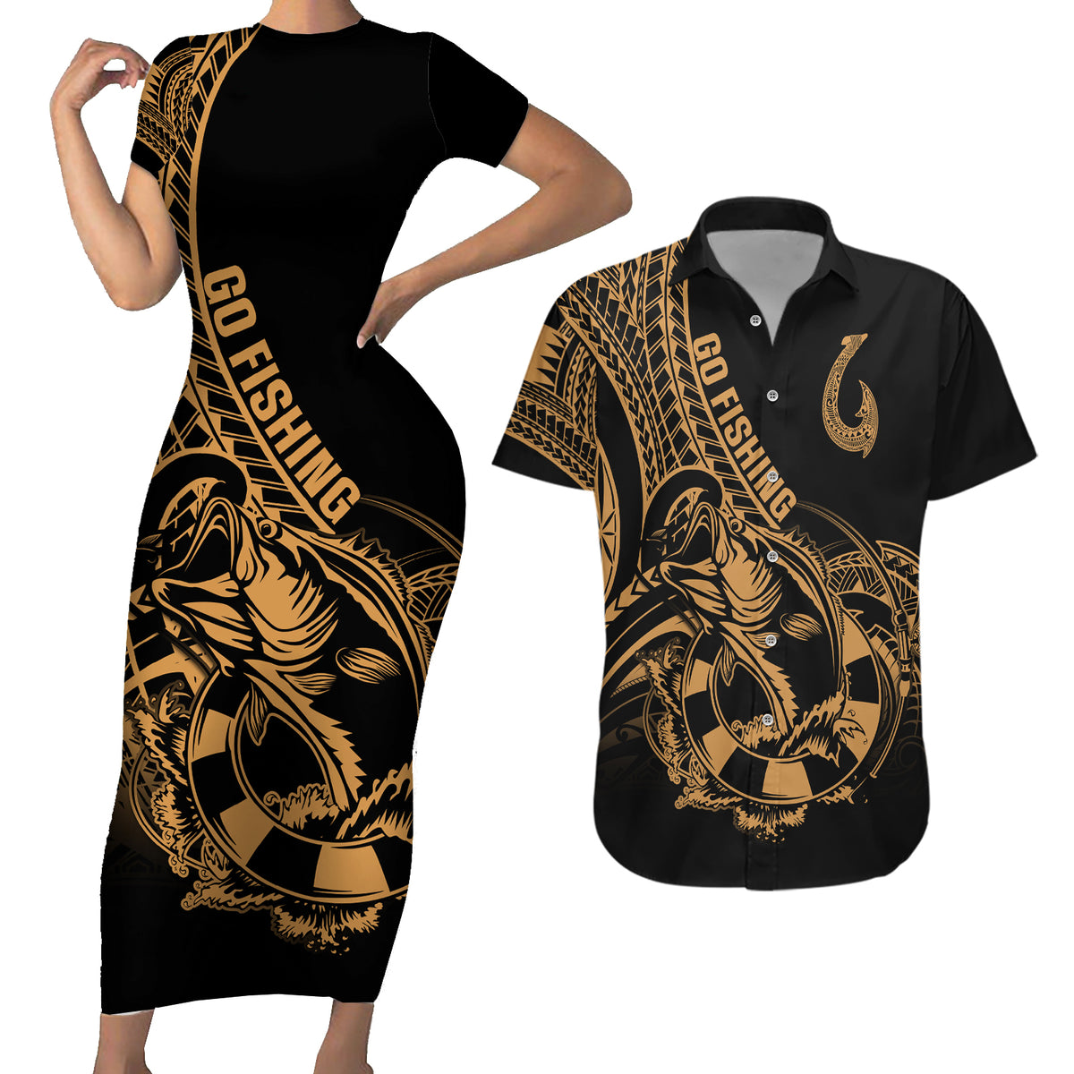 Polynesia Couples Matching Short Sleeve Bodycon Dress and Hawaiian Shirt Fish Hook Tattoo Go Fishing Polynesian Pattern Gold - Wonder Print Shop