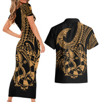 Polynesia Couples Matching Short Sleeve Bodycon Dress and Hawaiian Shirt Fish Hook Tattoo Go Fishing Polynesian Pattern Gold - Wonder Print Shop