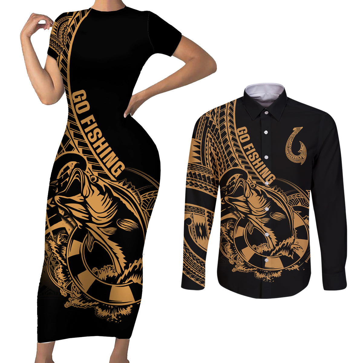 Polynesia Couples Matching Short Sleeve Bodycon Dress and Long Sleeve Button Shirts Fish Hook Tattoo Go Fishing Polynesian Pattern Gold - Wonder Print Shop