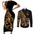 Polynesia Couples Matching Short Sleeve Bodycon Dress and Long Sleeve Button Shirts Fish Hook Tattoo Go Fishing Polynesian Pattern Gold - Wonder Print Shop