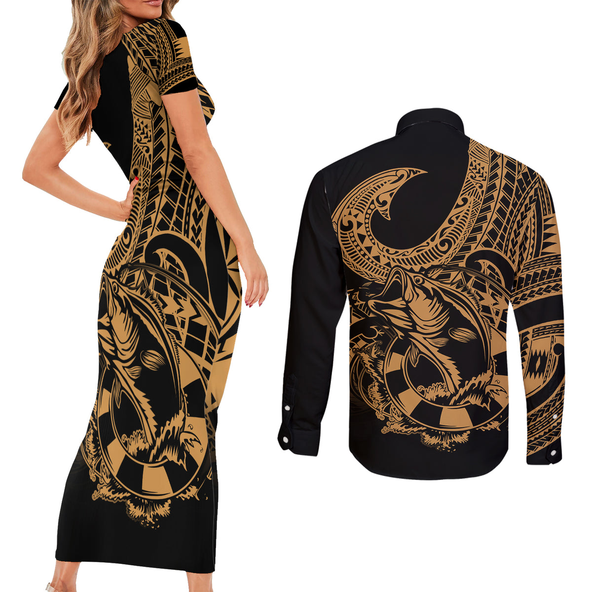 Polynesia Couples Matching Short Sleeve Bodycon Dress and Long Sleeve Button Shirts Fish Hook Tattoo Go Fishing Polynesian Pattern Gold - Wonder Print Shop