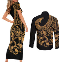 Polynesia Couples Matching Short Sleeve Bodycon Dress and Long Sleeve Button Shirts Fish Hook Tattoo Go Fishing Polynesian Pattern Gold - Wonder Print Shop