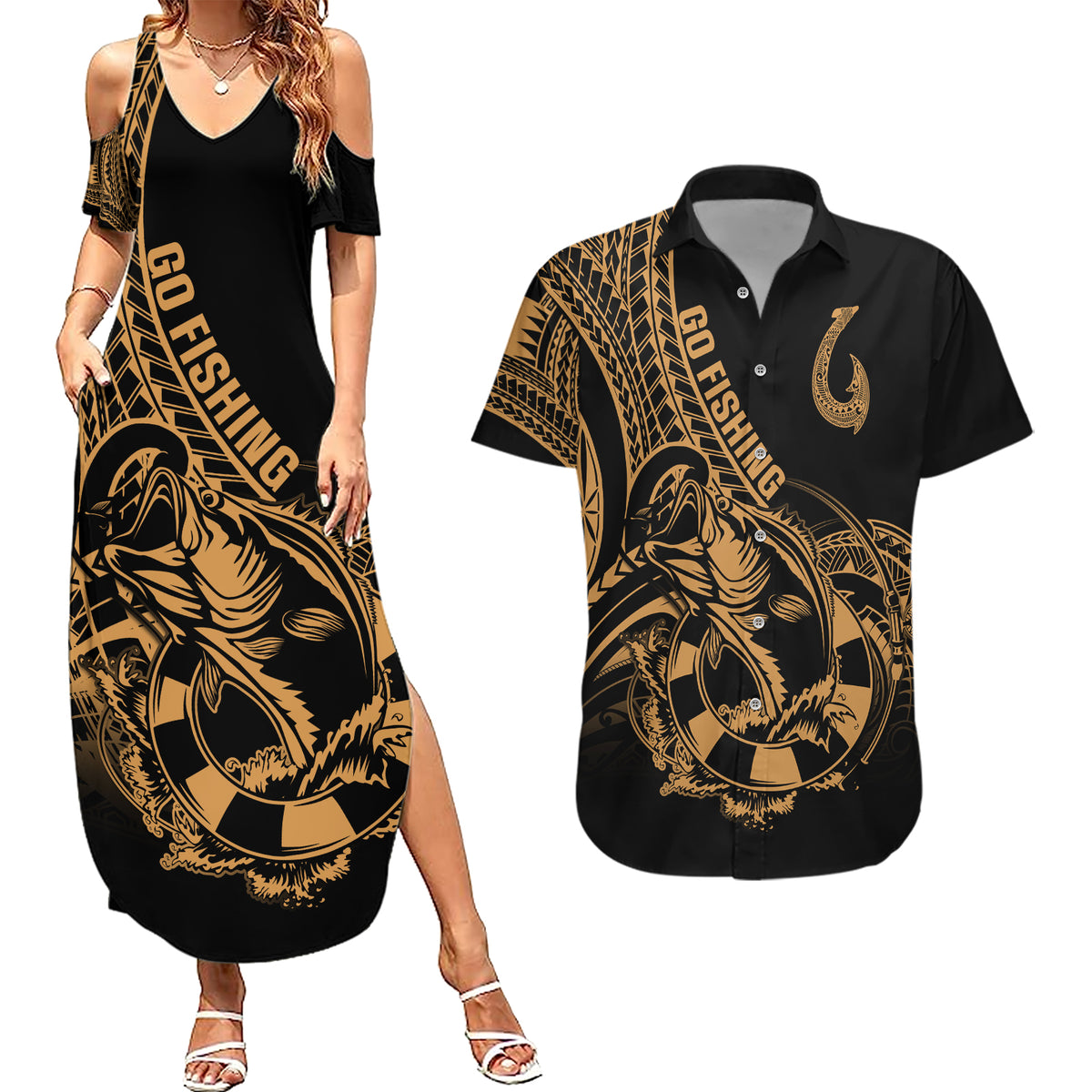 Polynesia Couples Matching Summer Maxi Dress and Hawaiian Shirt Fish Hook Tattoo Go Fishing Polynesian Pattern Gold - Wonder Print Shop
