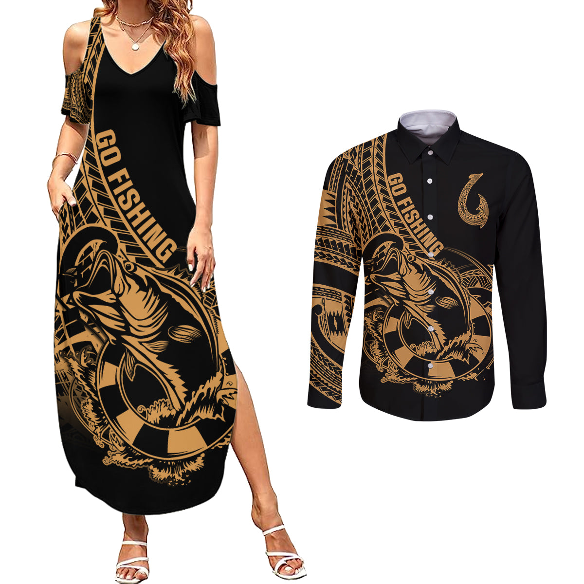 Polynesia Couples Matching Summer Maxi Dress and Long Sleeve Button Shirts Fish Hook Tattoo Go Fishing Polynesian Pattern Gold - Wonder Print Shop