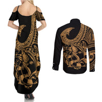 Polynesia Couples Matching Summer Maxi Dress and Long Sleeve Button Shirts Fish Hook Tattoo Go Fishing Polynesian Pattern Gold - Wonder Print Shop