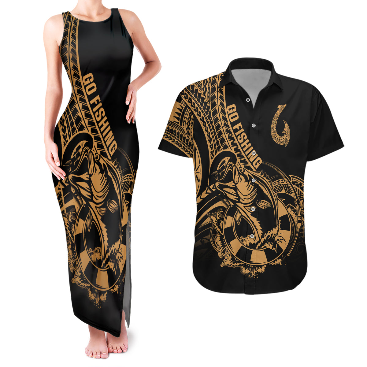Polynesia Couples Matching Tank Maxi Dress and Hawaiian Shirt Fish Hook Tattoo Go Fishing Polynesian Pattern Gold - Wonder Print Shop