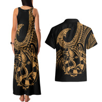 Polynesia Couples Matching Tank Maxi Dress and Hawaiian Shirt Fish Hook Tattoo Go Fishing Polynesian Pattern Gold - Wonder Print Shop