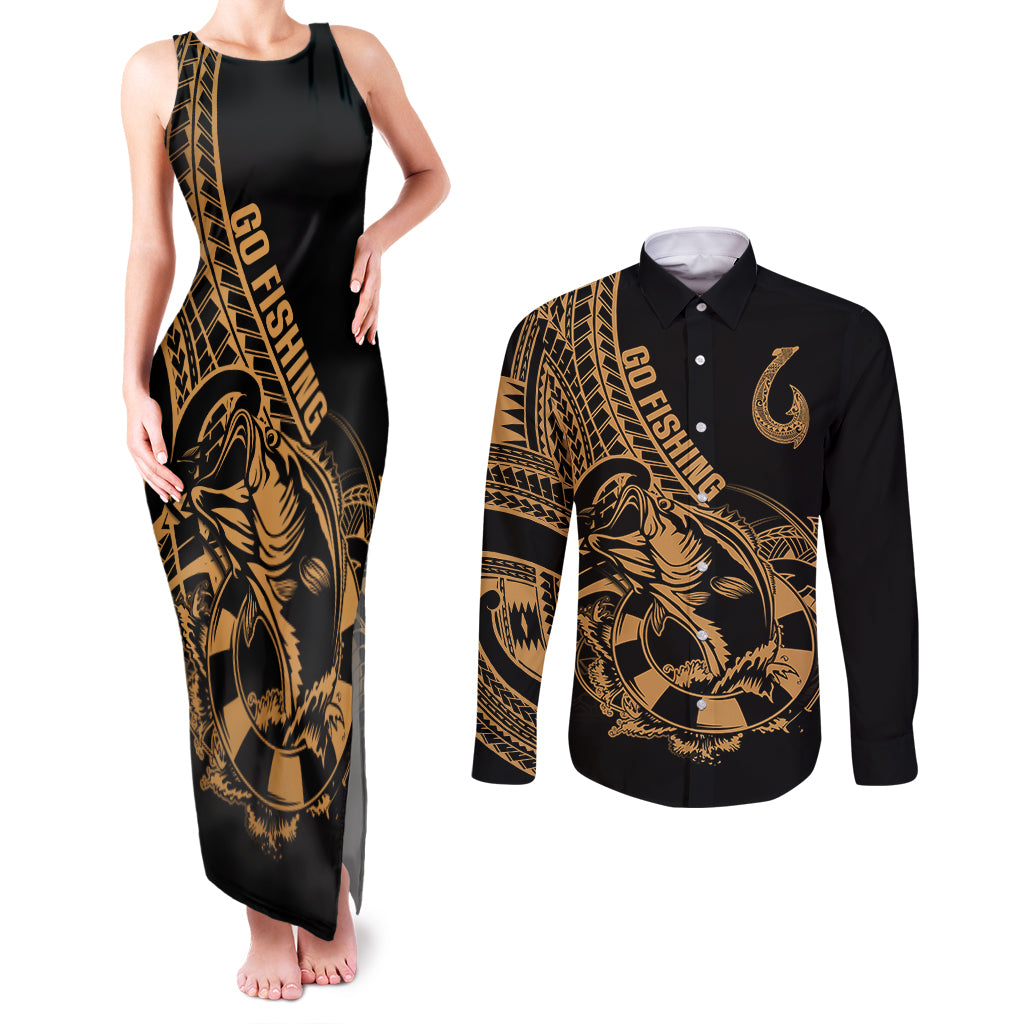 Polynesia Couples Matching Tank Maxi Dress and Long Sleeve Button Shirts Fish Hook Tattoo Go Fishing Polynesian Pattern Gold - Wonder Print Shop