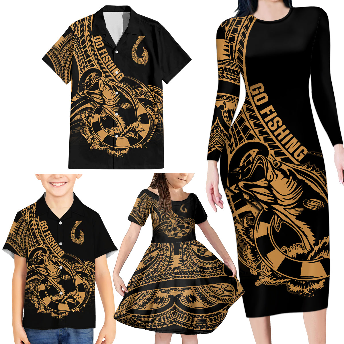 Polynesia Family Matching Long Sleeve Bodycon Dress and Hawaiian Shirt Fish Hook Tattoo Go Fishing Polynesian Pattern Gold - Wonder Print Shop